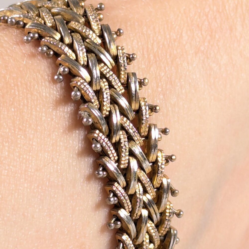 Vintage herringbone watch strap style bracelet, gold wash chevron metal link